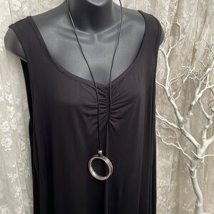 Long Large Silver Circle Necklace. Wrapped in Leather Cord.